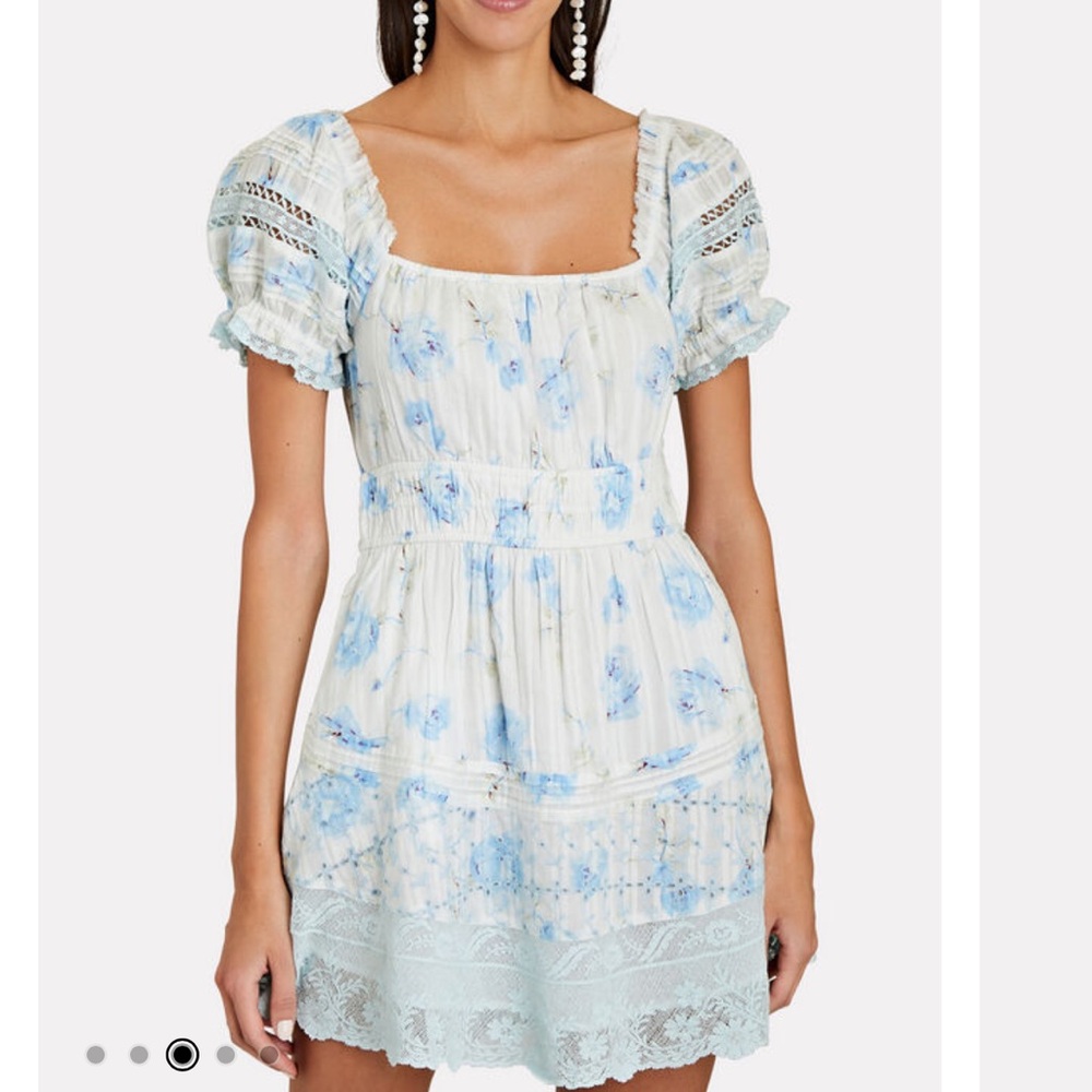 LoveShackFancy Lilium Embroidered Cotton Mini Dress size medium blue and white